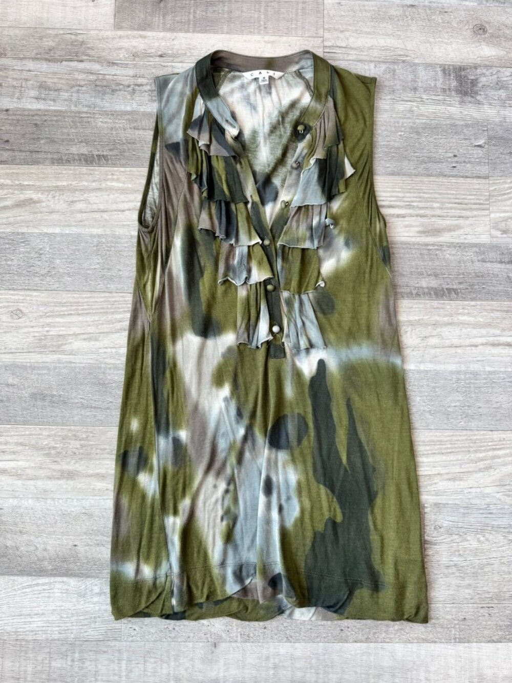 Cabi Green Tie Dye Ruffle Front Sleeveless Tunic Size Small L15